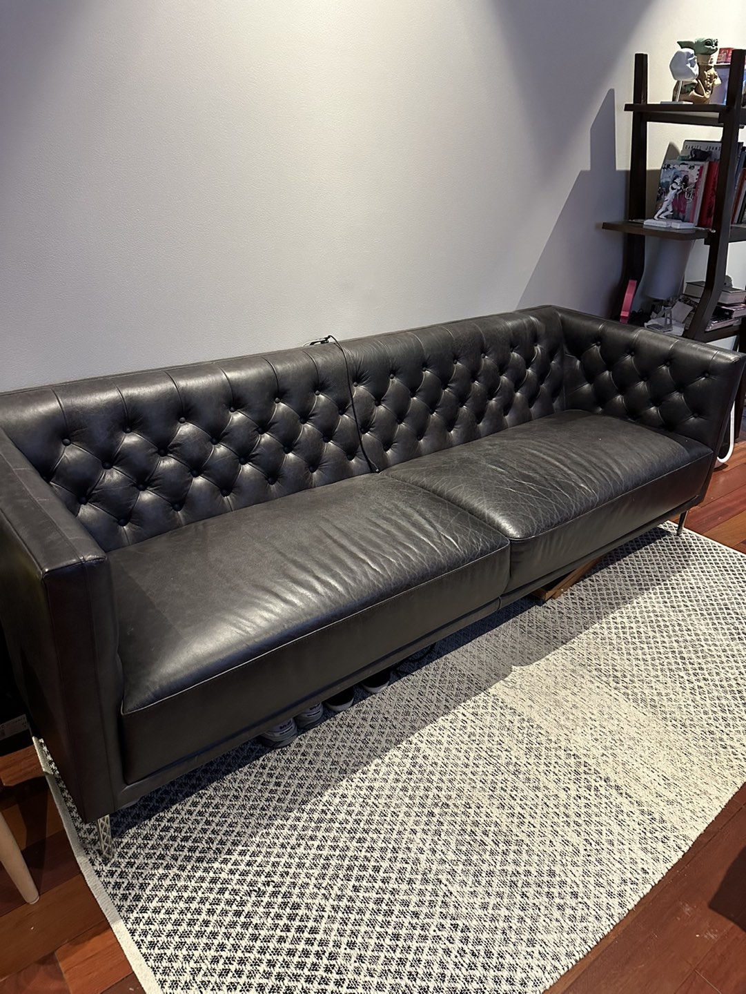 Tufted Dark Leather CB2 Sofa 92”