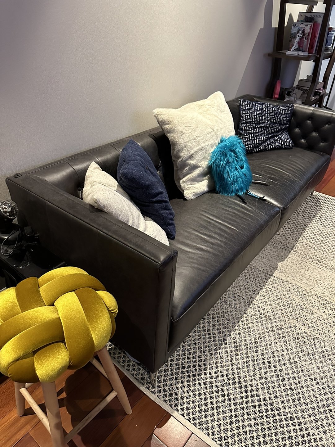 Tufted Dark Leather CB2 Sofa 92” - photo 4