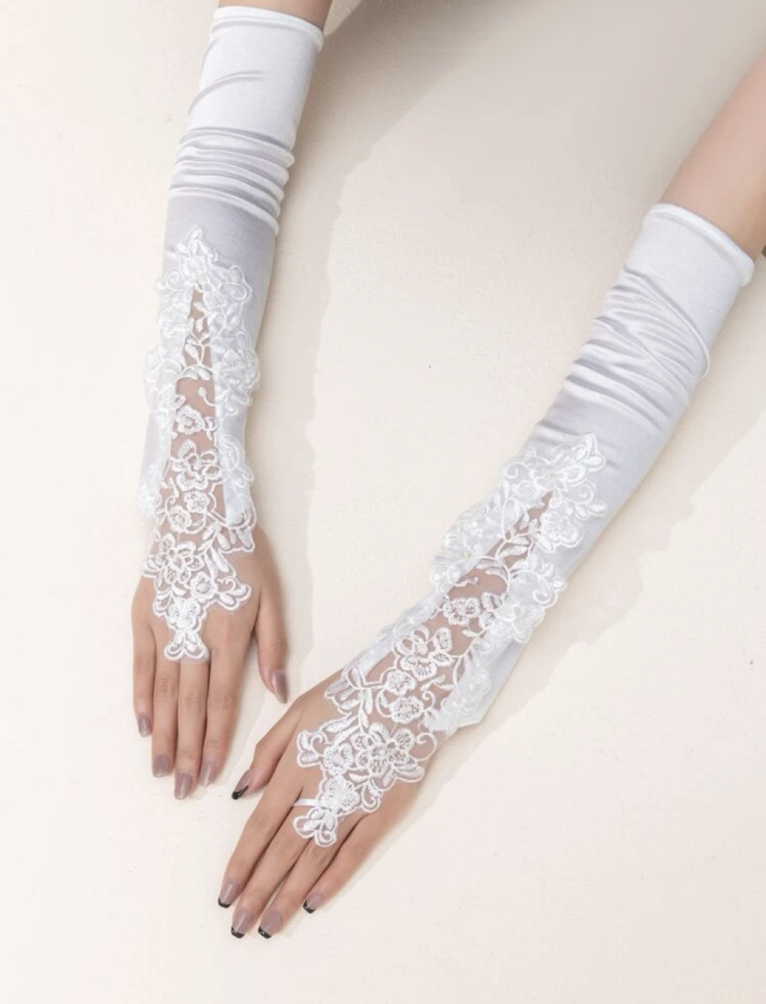 Satin Floral Embroidery Bridal Gloves image indicator(2)