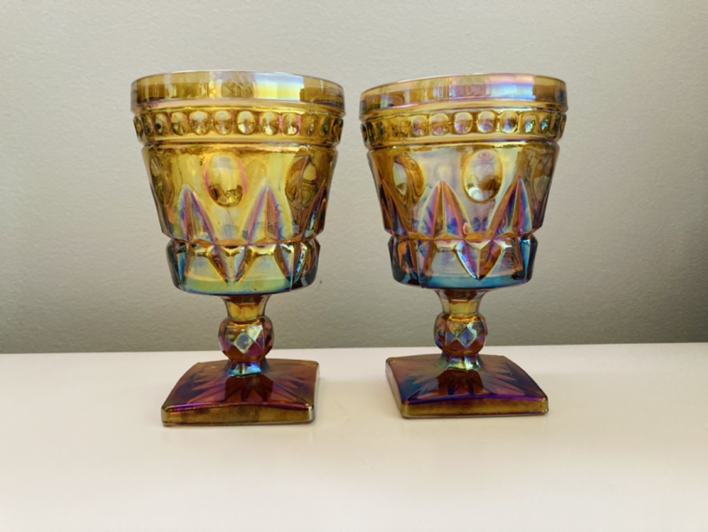 Pair of vintage carnival glass goblets thumbnail