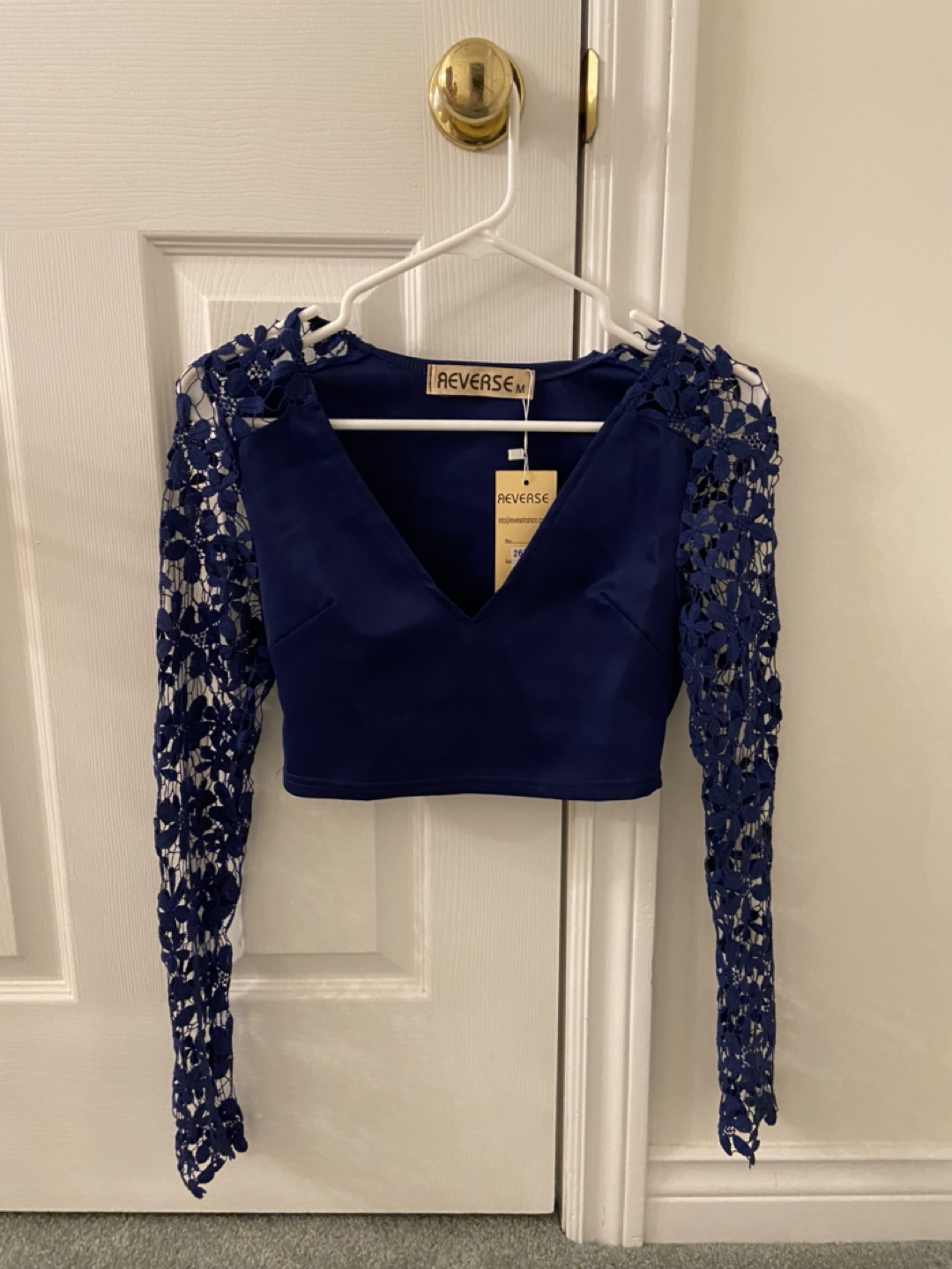 Reverse Navy Blue Crop Top with Crochet Lace Sleeves image indicator(2)