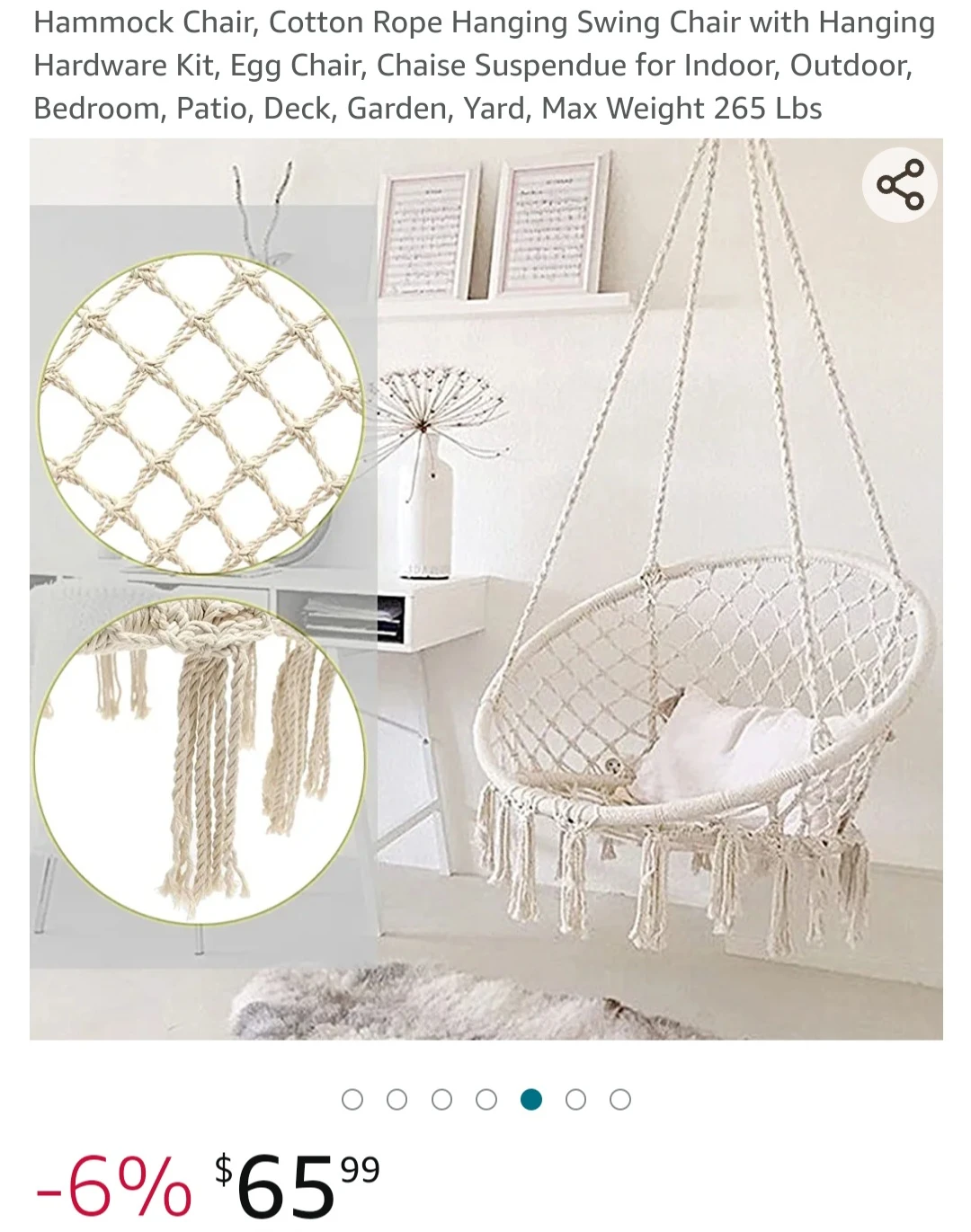 Hammock Chair, Cotton Rope Hanging Swing Chair with Hanging Hard thumbnail