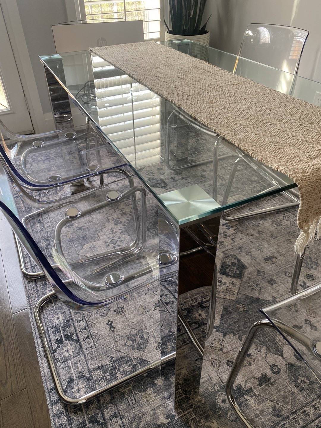 Glass Dining Table with Chrome Transparent Chairs