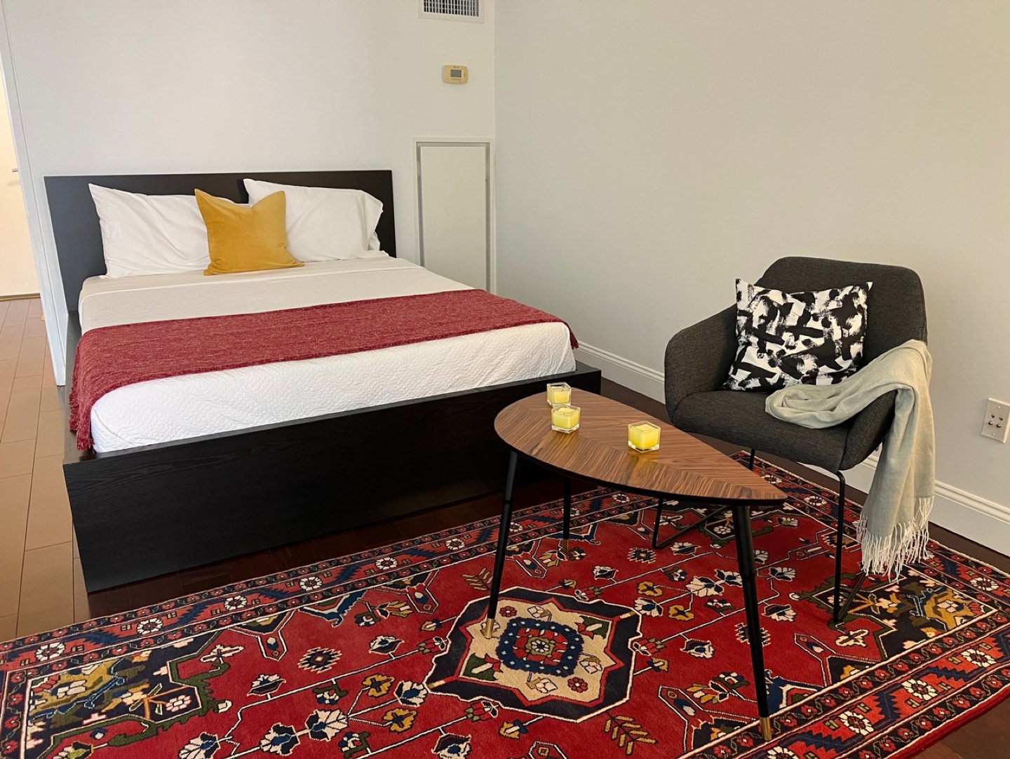 Bed frame, lounge chair, and side table