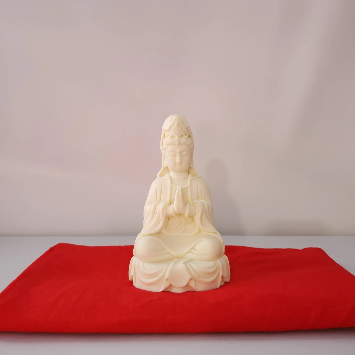 Corozo nut / tagua nut Guanyin statue with red cloth