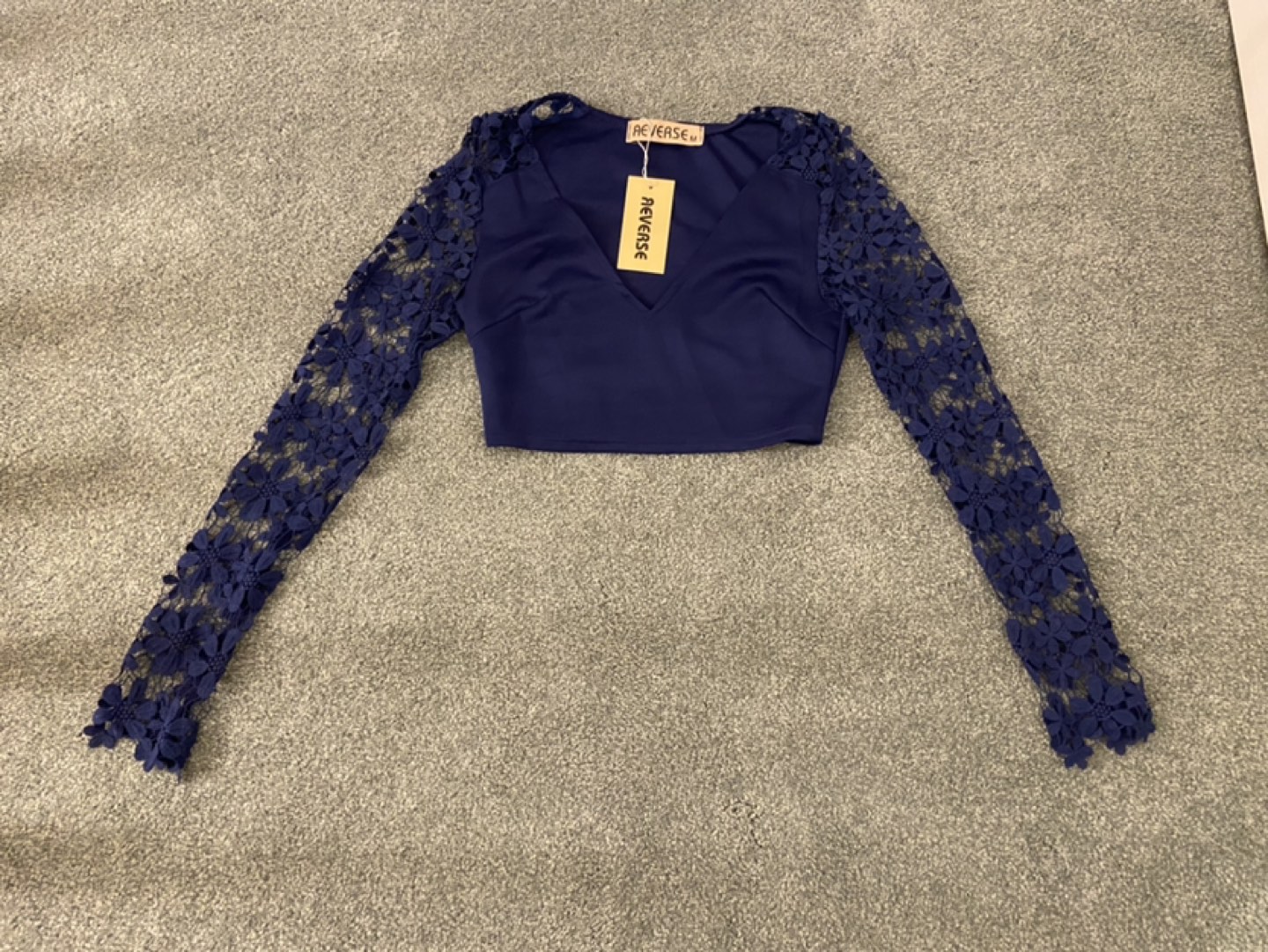 Reverse Navy Blue Crop Top with Crochet Lace Sleeves image indicator(4)
