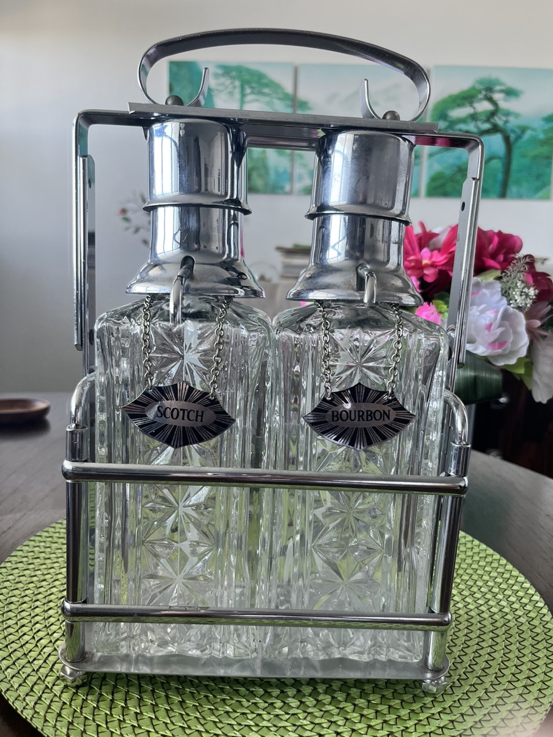 1960s Midcentury glass liquor Decanters in Chrome Caddy image indicator(2)