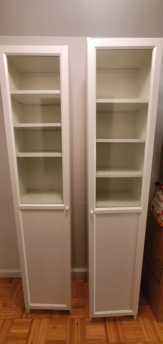 2x IKEA Billy Bookcases with Half Glass Pane Doors