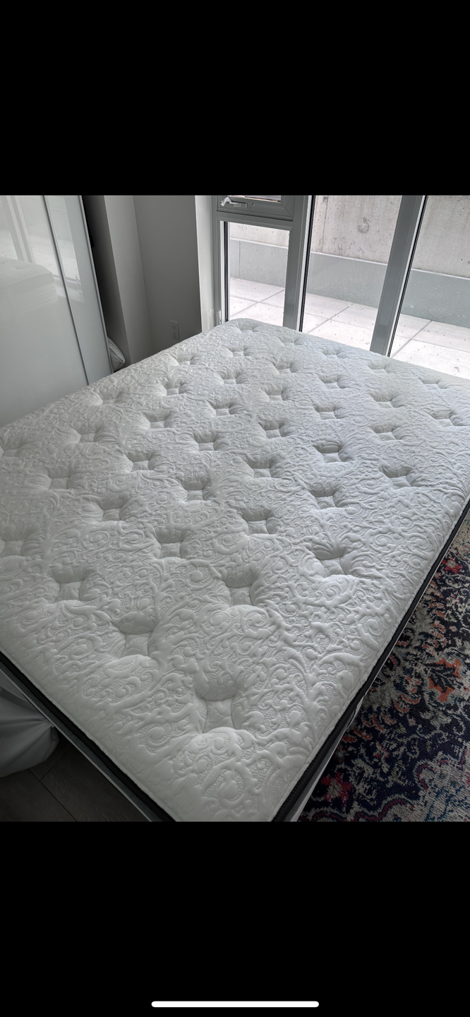 Queen Bed and Wooden Bed Frame - Like New Condition