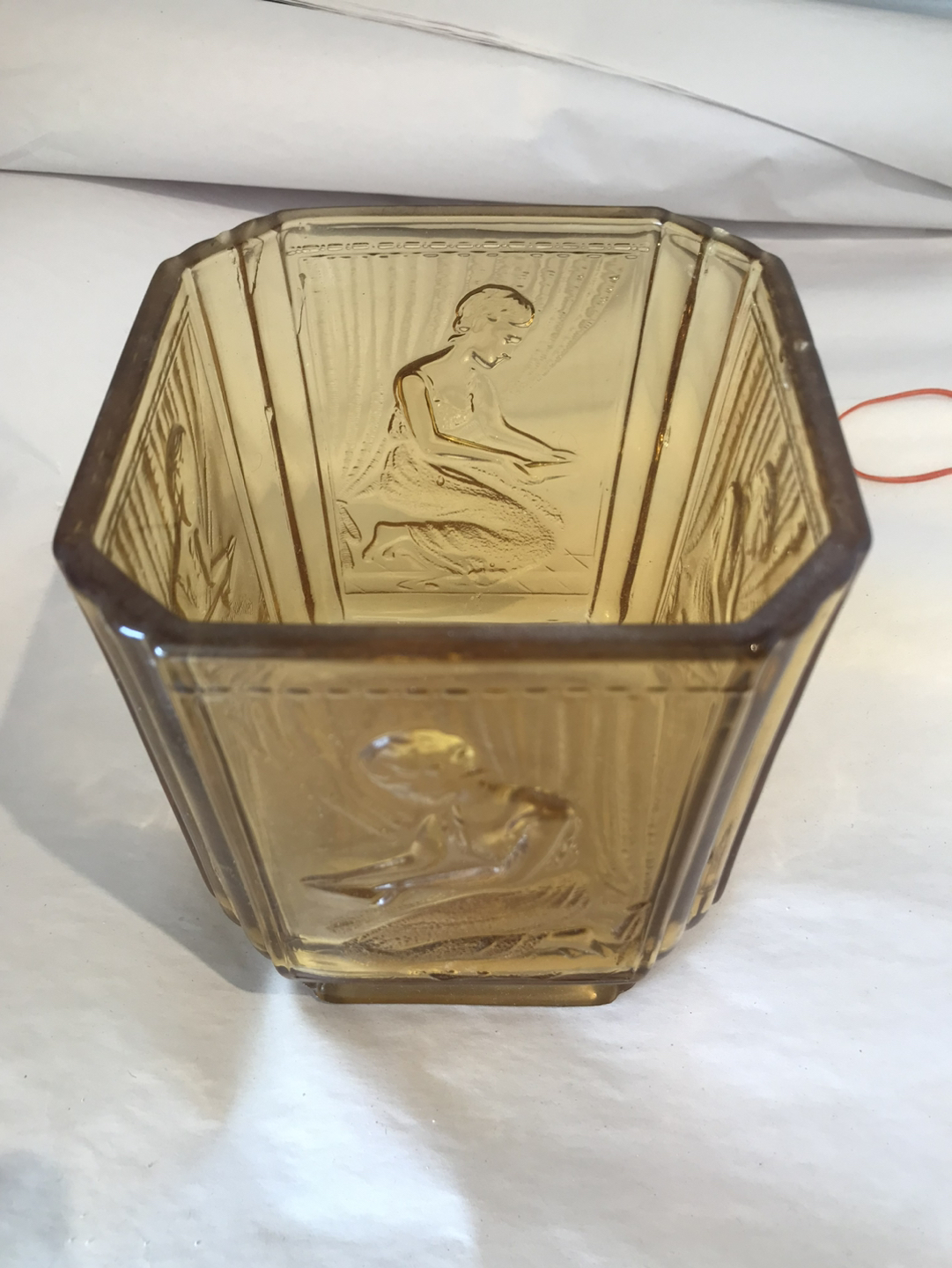 1930’s Sowerby amber glass biscuit jar Pandora’s Box image indicator(2)