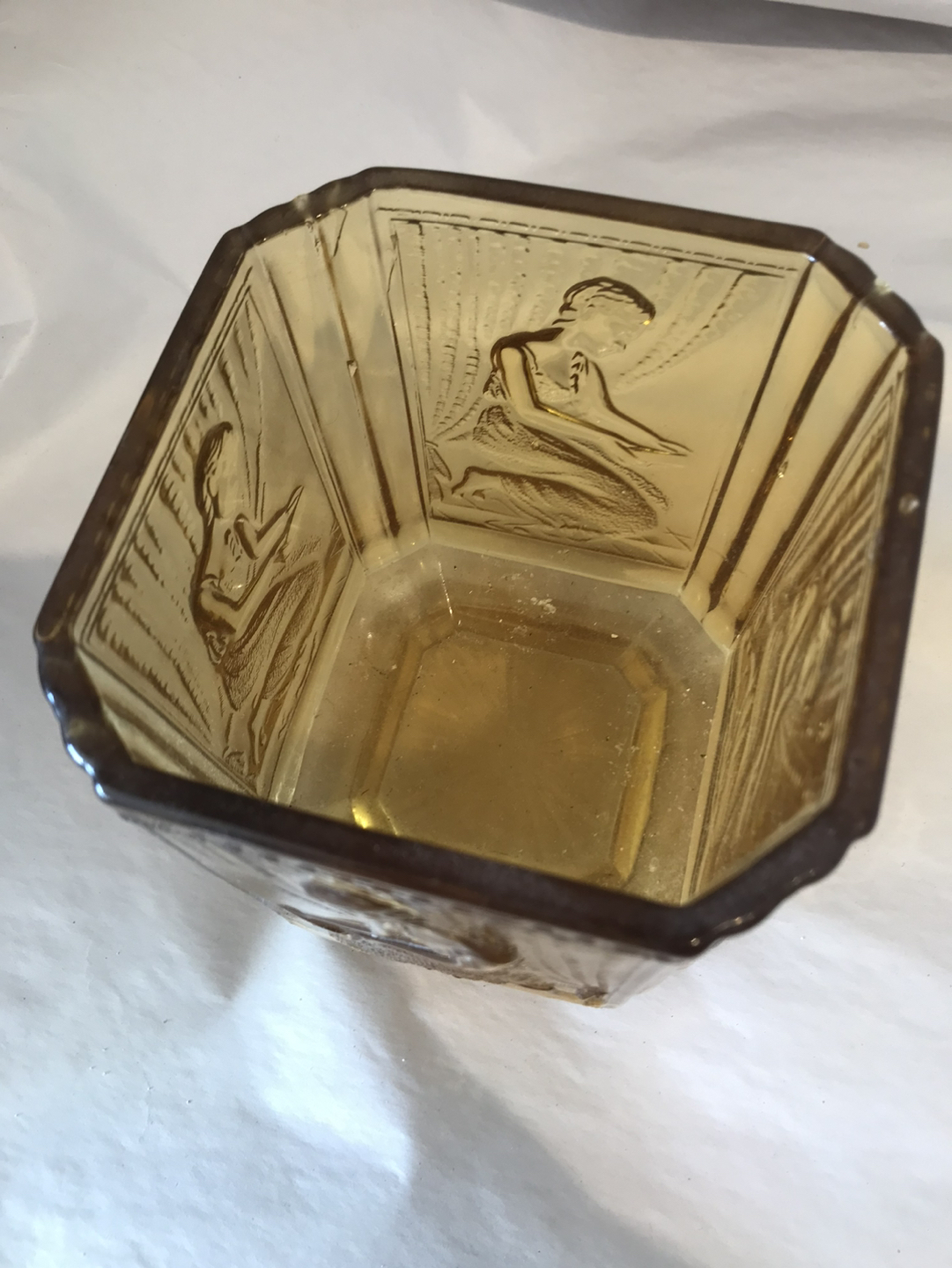 1930’s Sowerby amber glass biscuit jar Pandora’s Box image indicator(3)