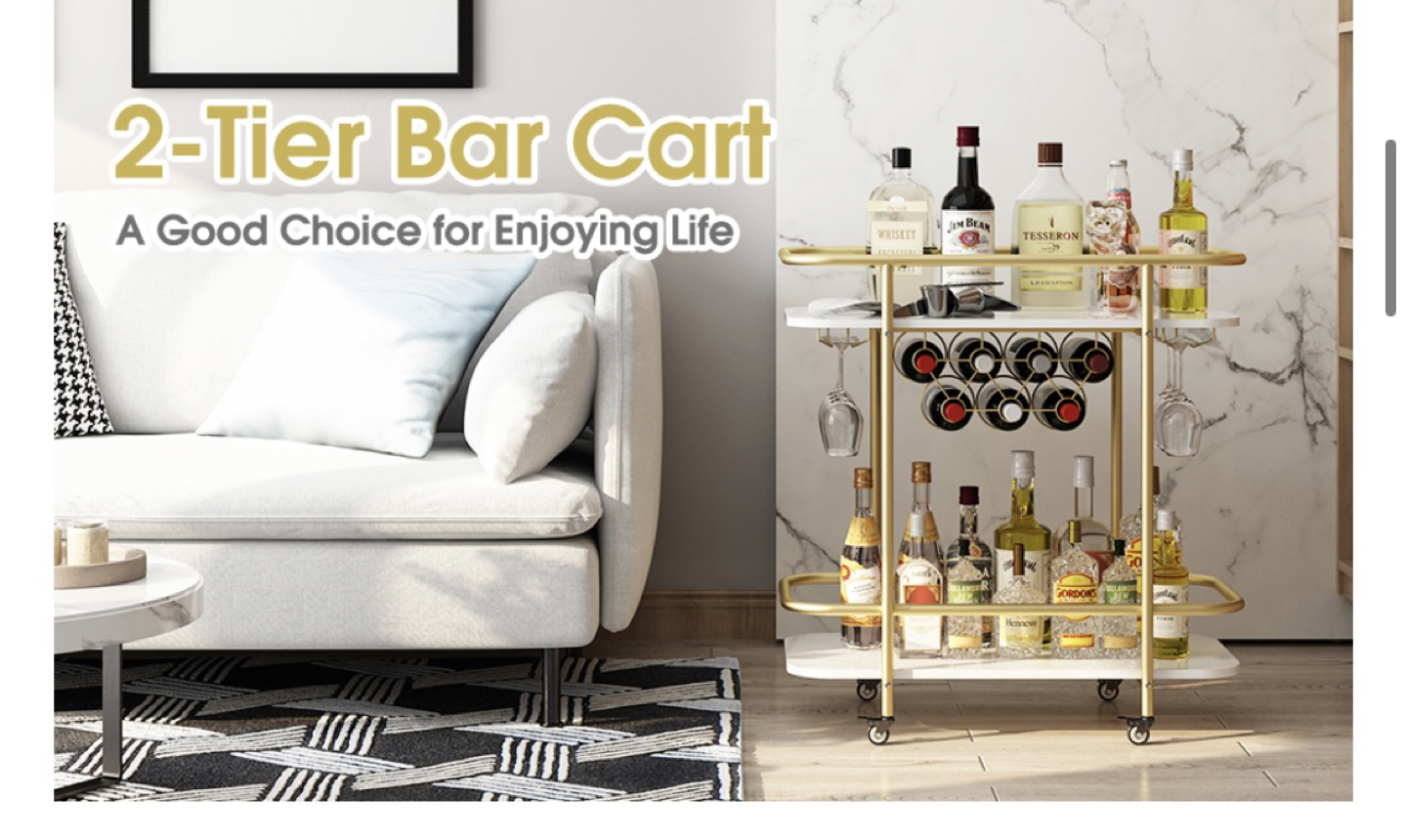 Two tier marble bar cart with gold finishings