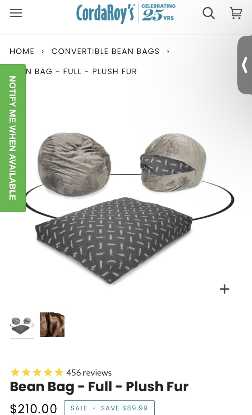 MOVING SALE: CordaRoy’s Convertible Bean Bag - Full - Plush Fur - photo 2