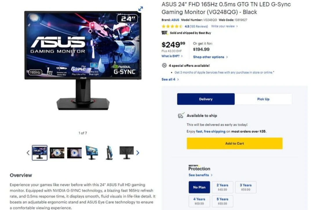 Asus 24" FHD 165hz 0.5ms GTG TN LED G-Sync Gaming Monitor - photo 4