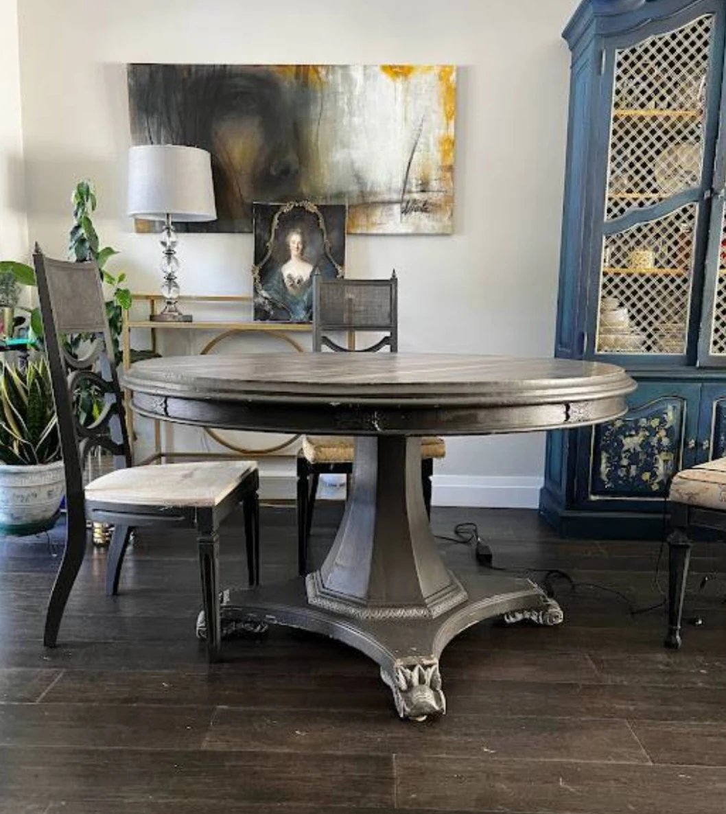 Solid wood round table. Painted with Chalk Paint in dark grey. thumbnail