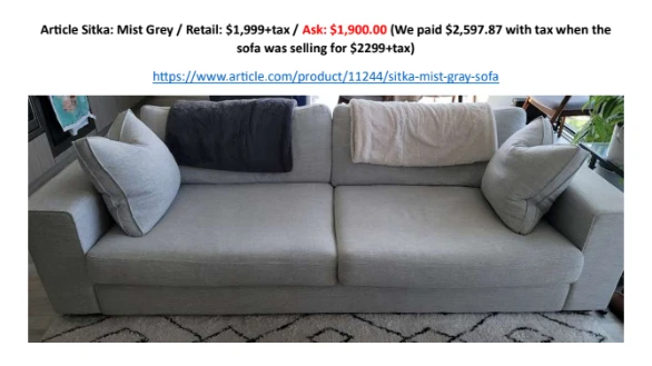 MOVING SALE: Article SITKA Mist Grey 3-Seater Fabric Sofa! thumbnail