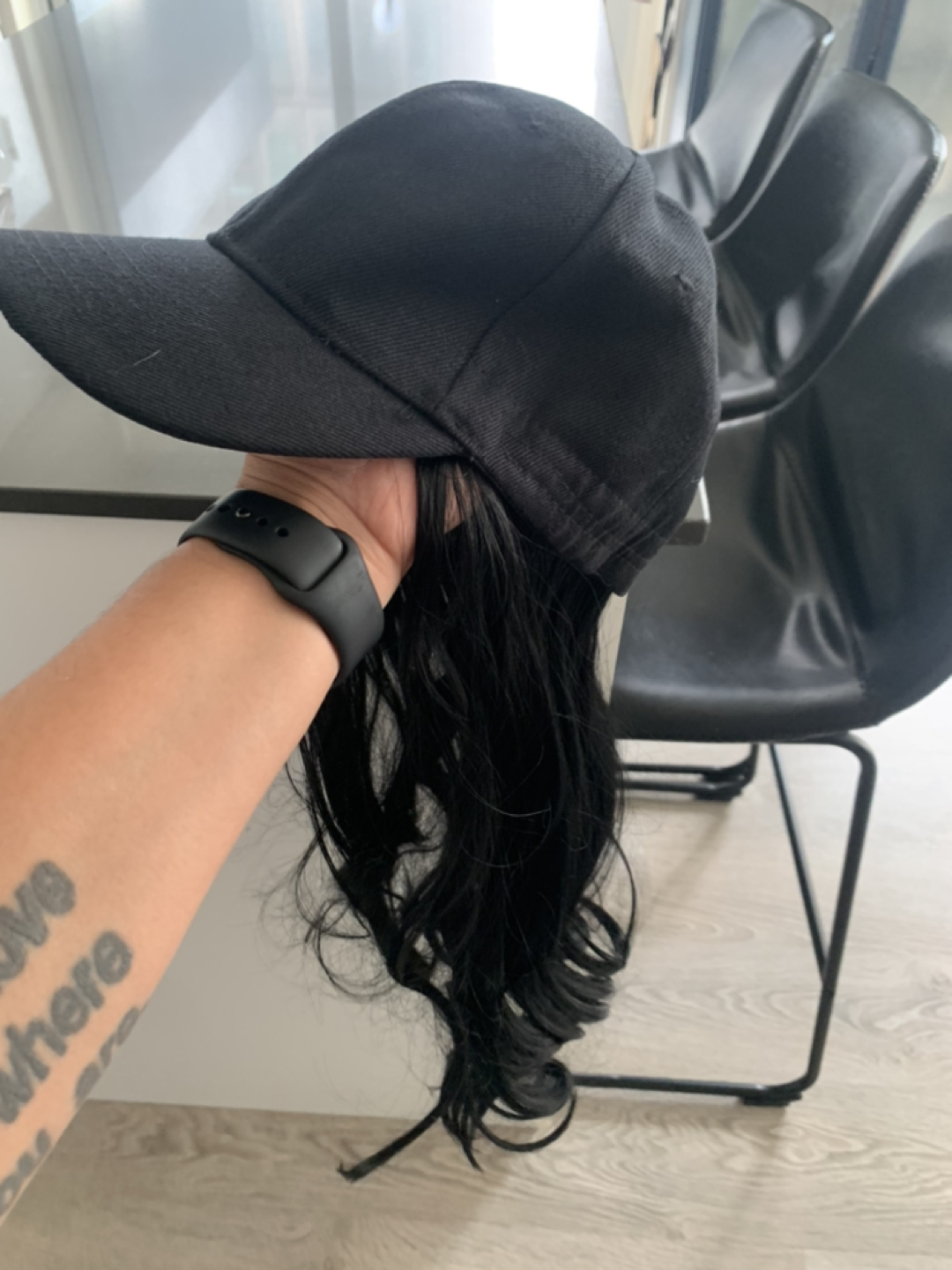 Two hair scrunchies and baseball cap with extensions sewn in image indicator(3)