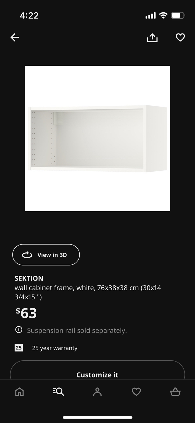 SEKTION Ikea Wall Cabinet Frame, White, 76x38x38cm