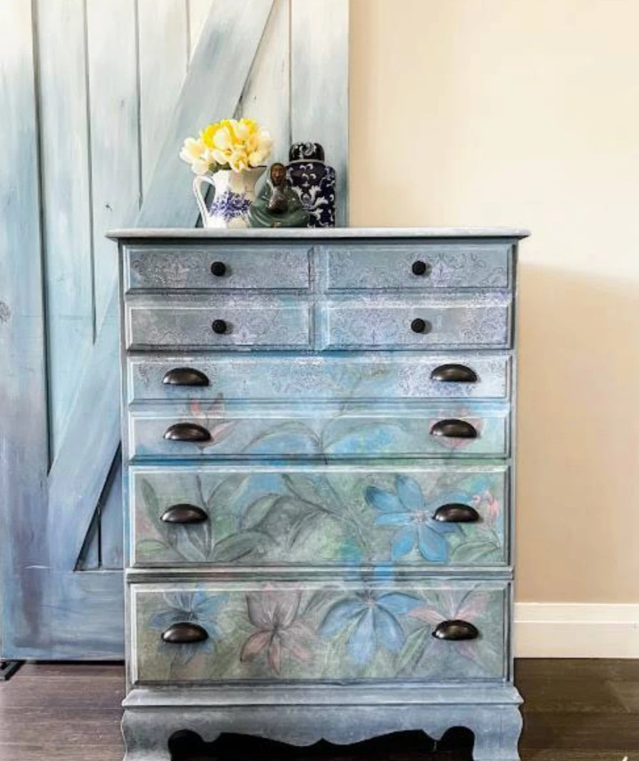 Hand painted floral details vintage dresser thumbnail