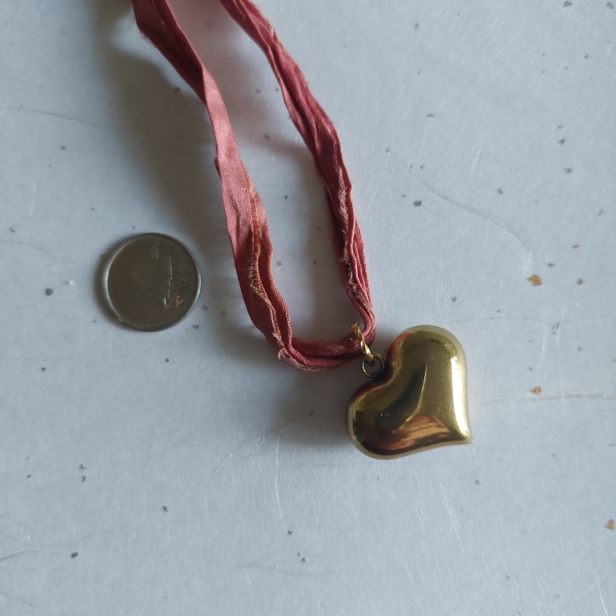 brass heart on silk ribbon necklace thumbnail