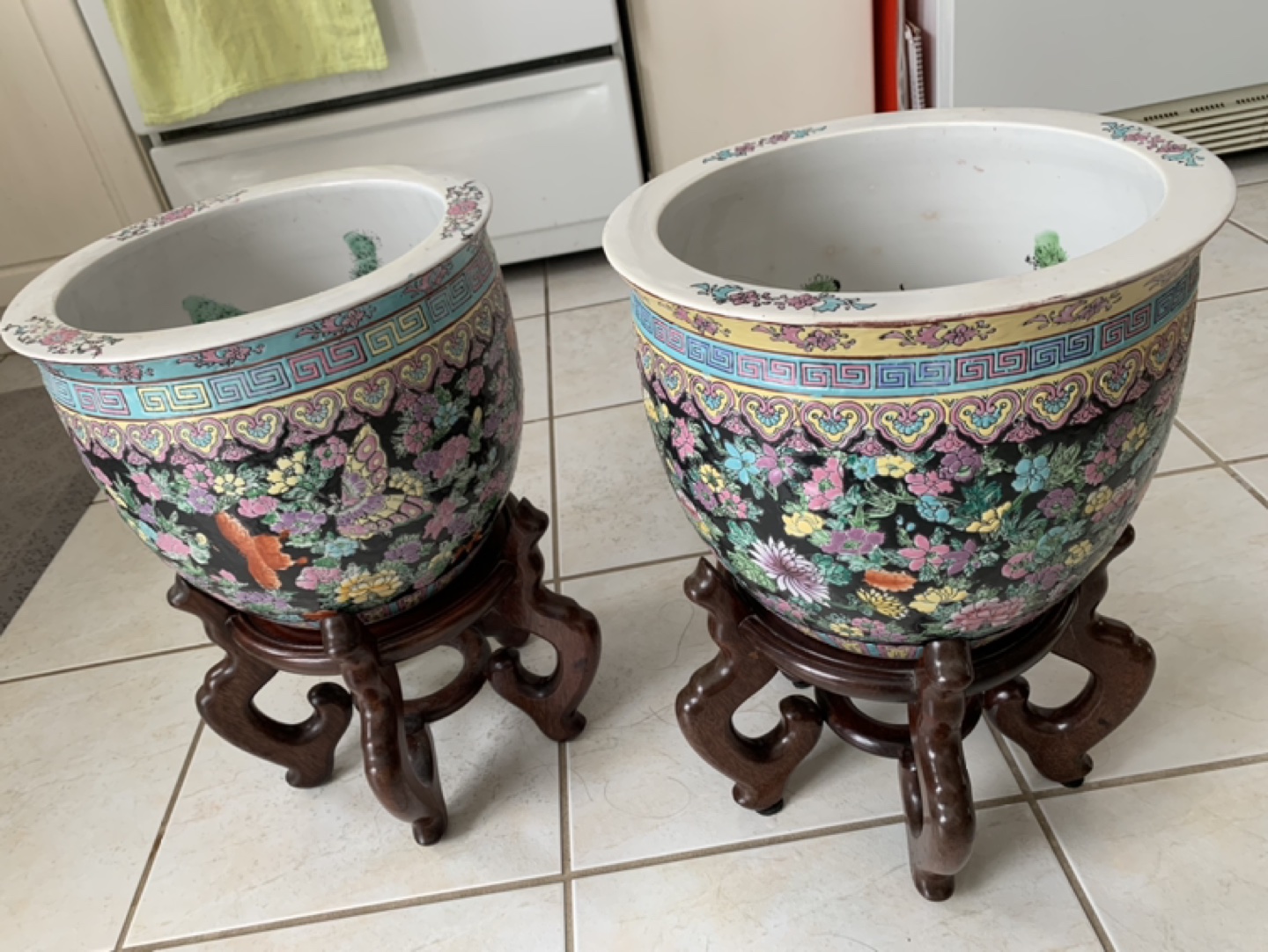 Chinese porcelain fish bowls/planters with rosewood stand thumbnail
