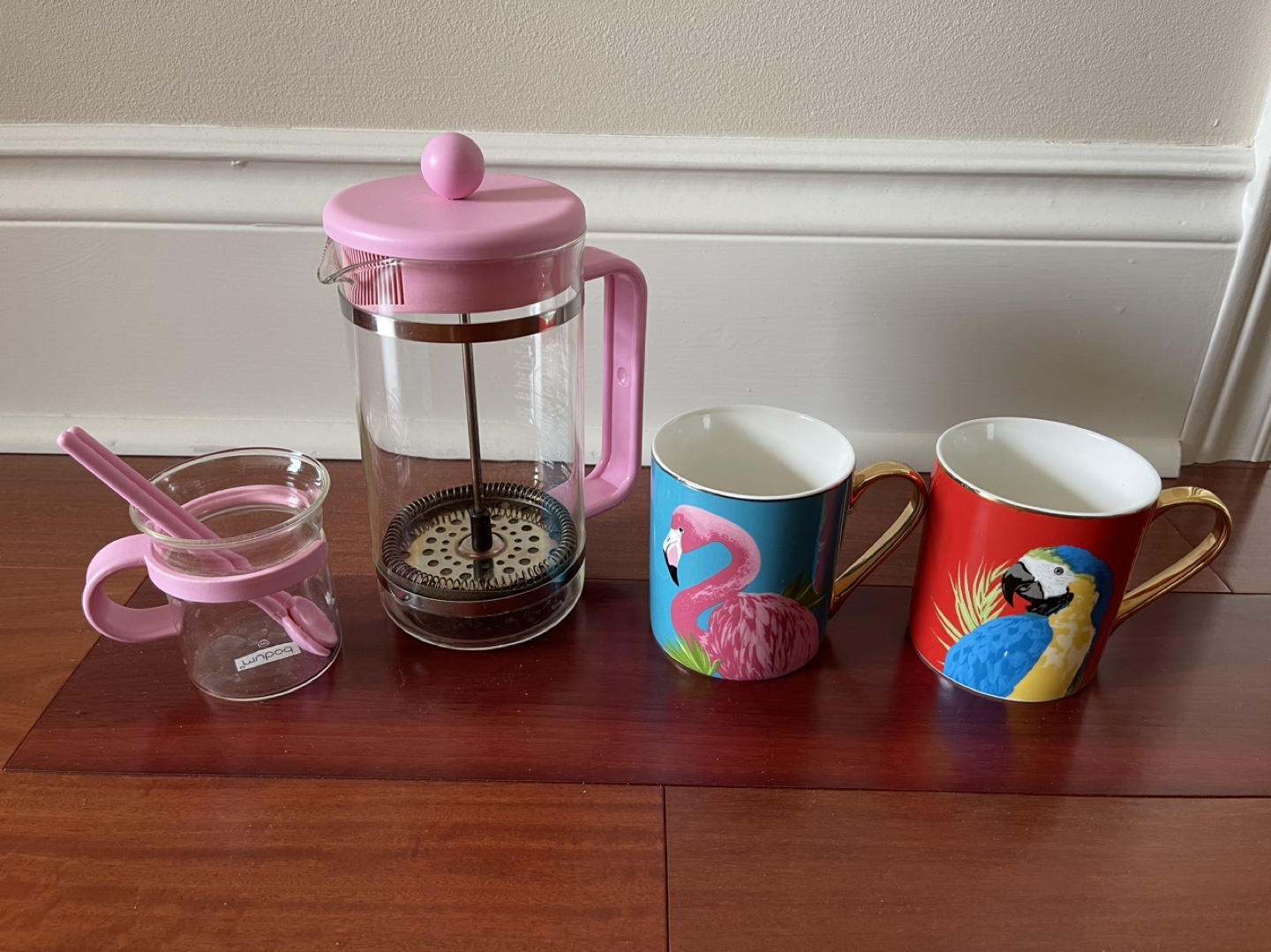 Bodum Pink French Press Set (missing 1 cup) & 2 Fun Mugs