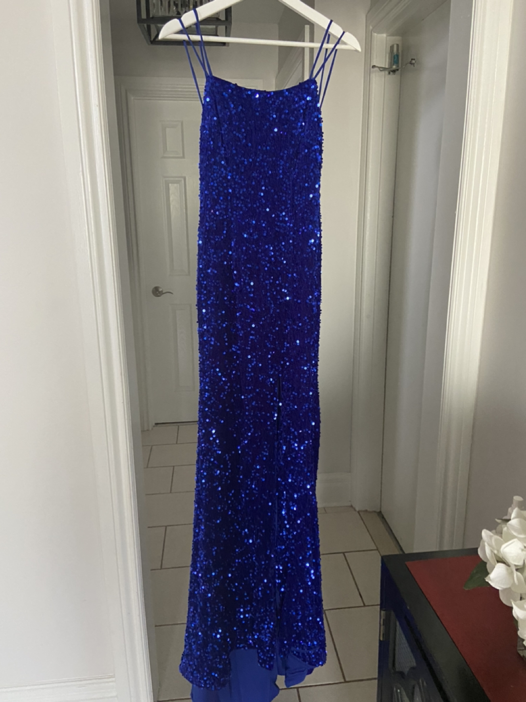 New, Royal Blue, sequin dress with side slit, low back