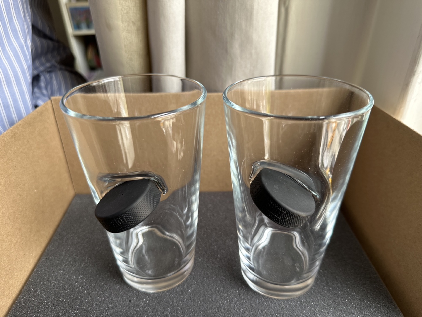 Drinking / Beer Glasses with imbedded hockey pucks