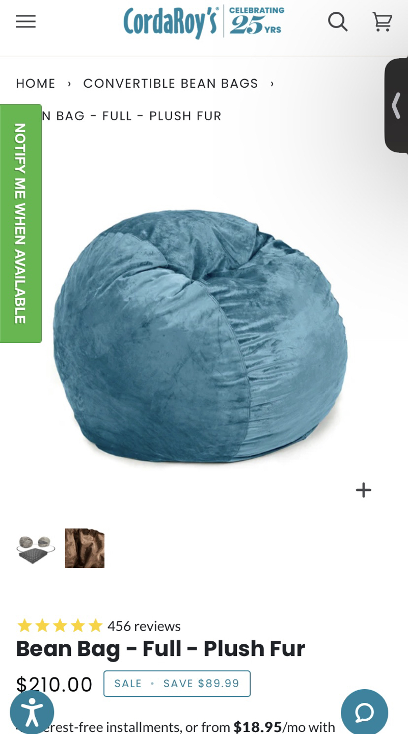 MOVING SALE: CordaRoy’s Convertible Bean Bag - Full - Plush Fur