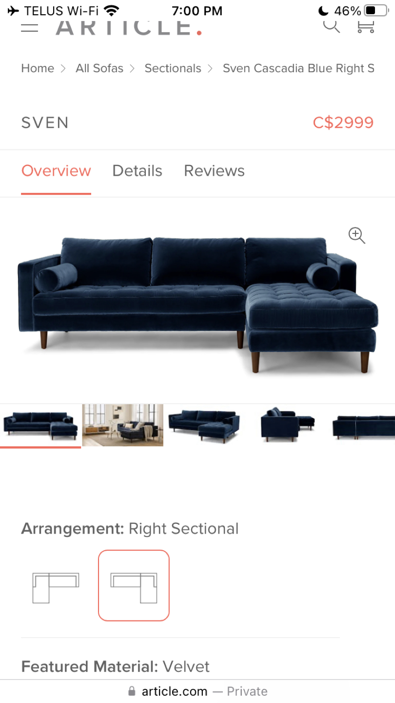 ARTICLE GREY VELVET ‘SVEN’ SECTIONAL COUCH-BEAUTIFUL!! thumbnail