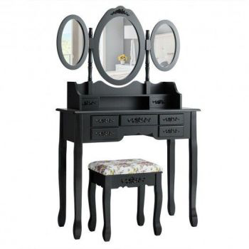 7 Drawer Tri-Folding Mirror Dressing Vanity Makeup Set Black thumbnail