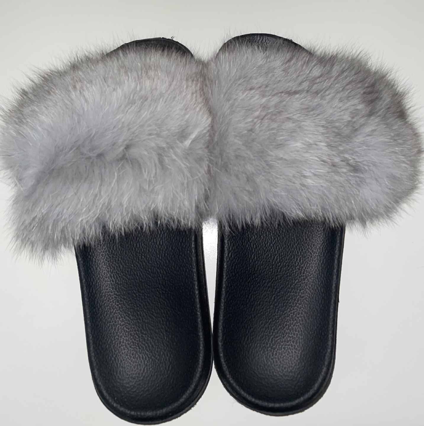 BRAND NEW Black Slides with Gray Fur
