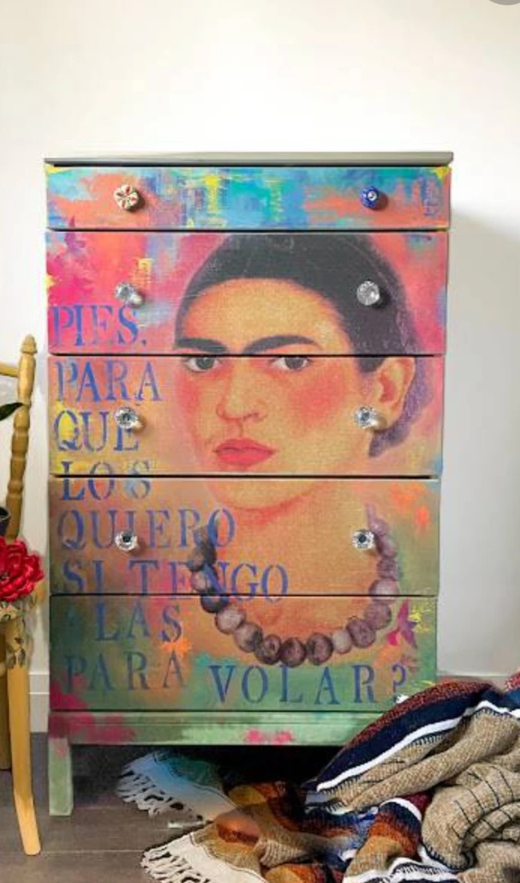 Upcycled Ikea 5 dresser with a Frida Kahlo motif. thumbnail