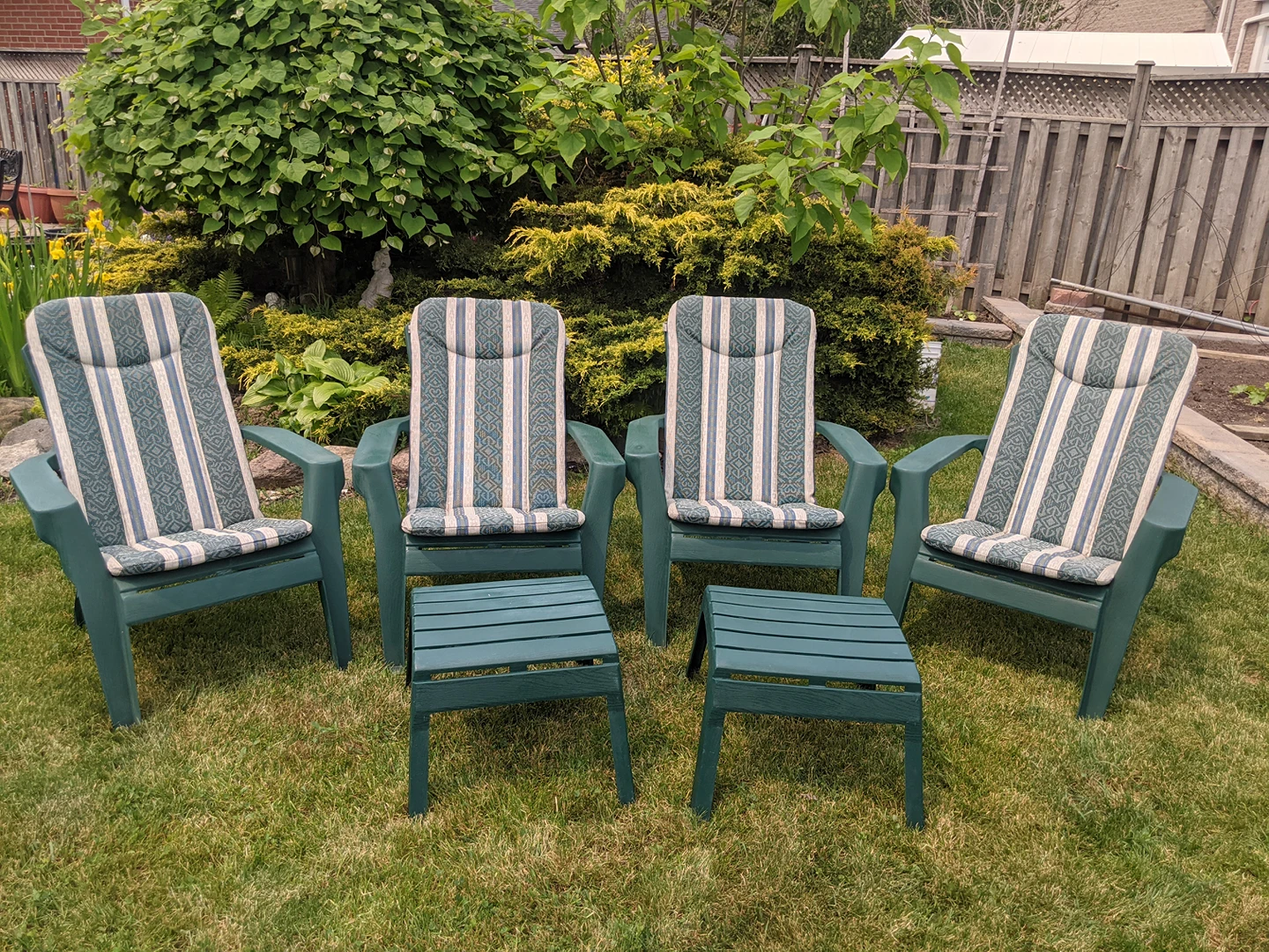 Adirondack Patio Chairs + Cushions + 2 footrests