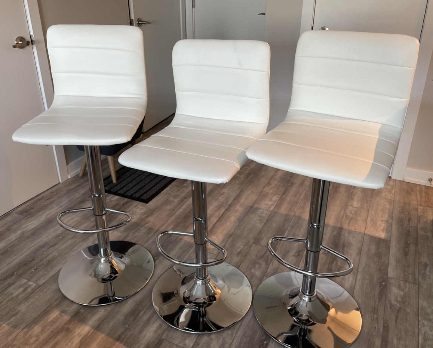 3 white faux leather stools thumbnail