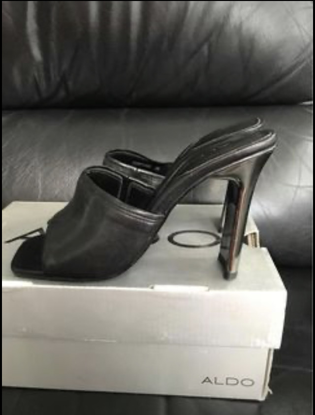 ALDO Black leather open toe
slide sandal with steel heel image indicator(2)