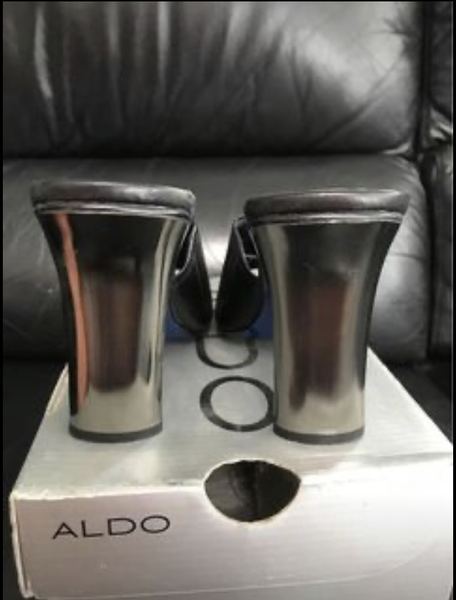 ALDO Black leather open toe
slide sandal with steel heel image indicator(3)