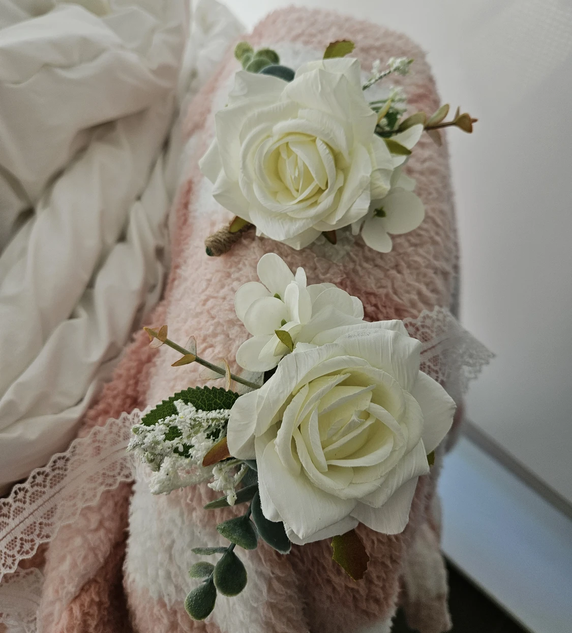 White flower boutonniere & wrist corsage thumbnail
