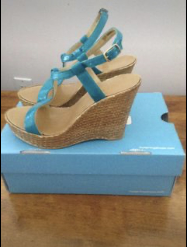 Pair of sky blue and brown Sandal toe ankle strap heel image indicator(2)