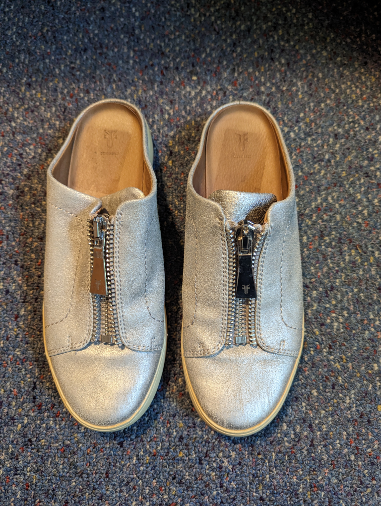 Frye Lena Zip slip on silver leather mule sneaker thumbnail