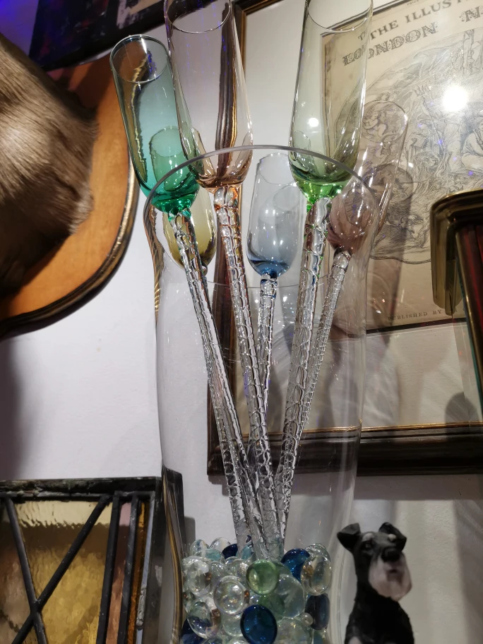 Vintage 1960's hand blown coloured 6 long stem Champagne Flutes thumbnail