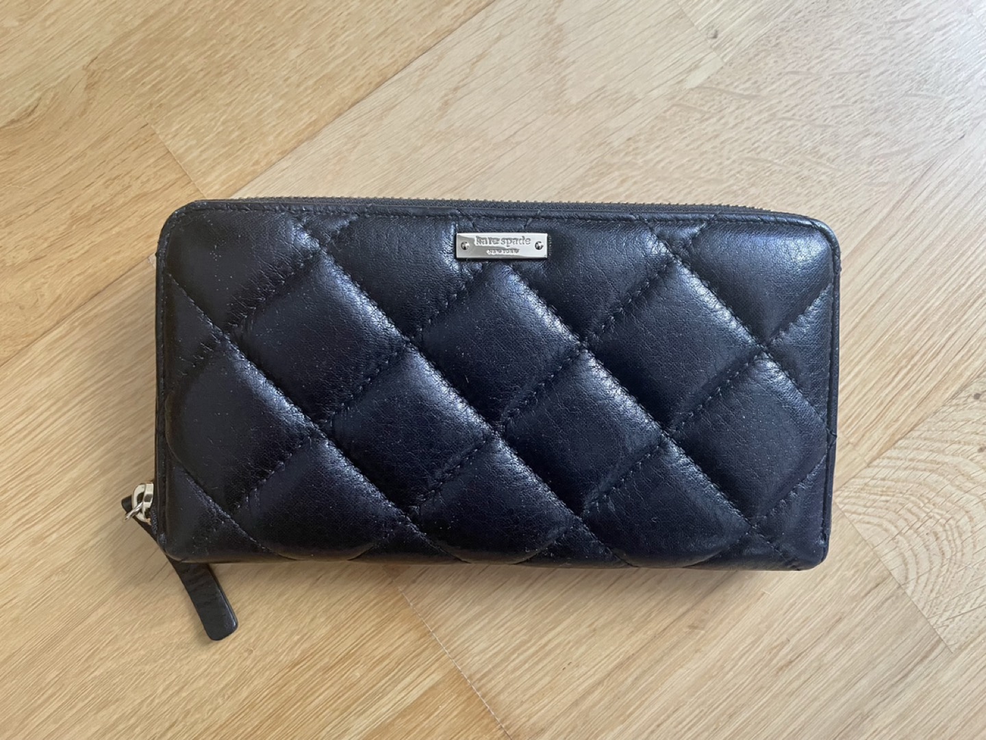 NEW Kate Spade Black Leather Quilted Zip Wallet
