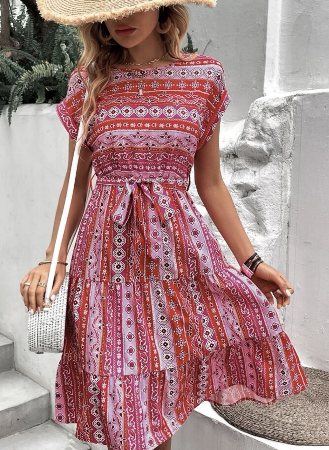 Geo print hem belted Dress