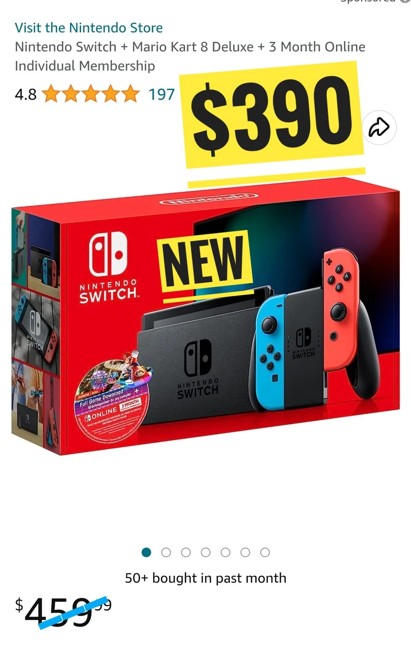 NEW Nintendo Switch with Mario Kart game, 3mo NES online & case thumbnail