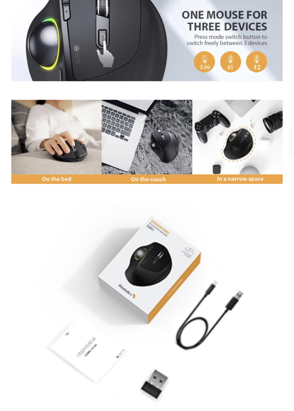 RGB Wireless Mouse ProtoArc Ergonomic Rechargeable Rollerball image indicator(6)