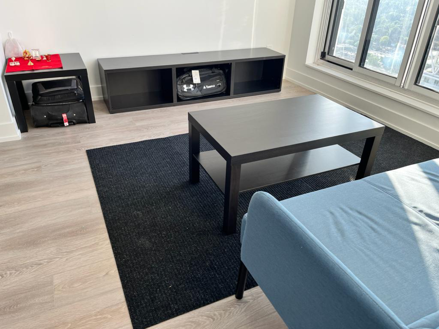 tv cabinet, 2 seater sofa, coffee table and 1 side table