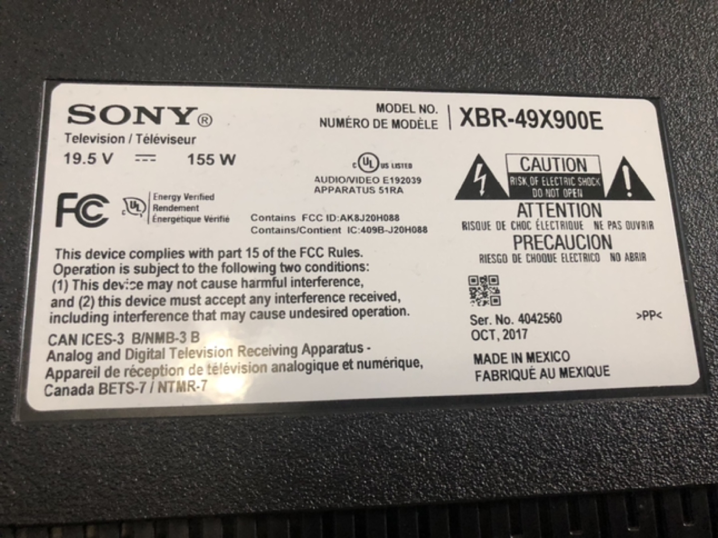 BROKEN SONY TV for parts 49 inch BRAVIA XBR-49X900E image indicator(2)