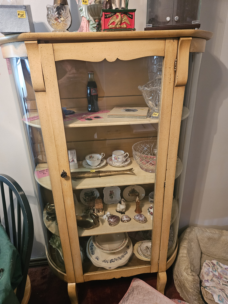 edwardian solid wood curved glass curious cabinet 