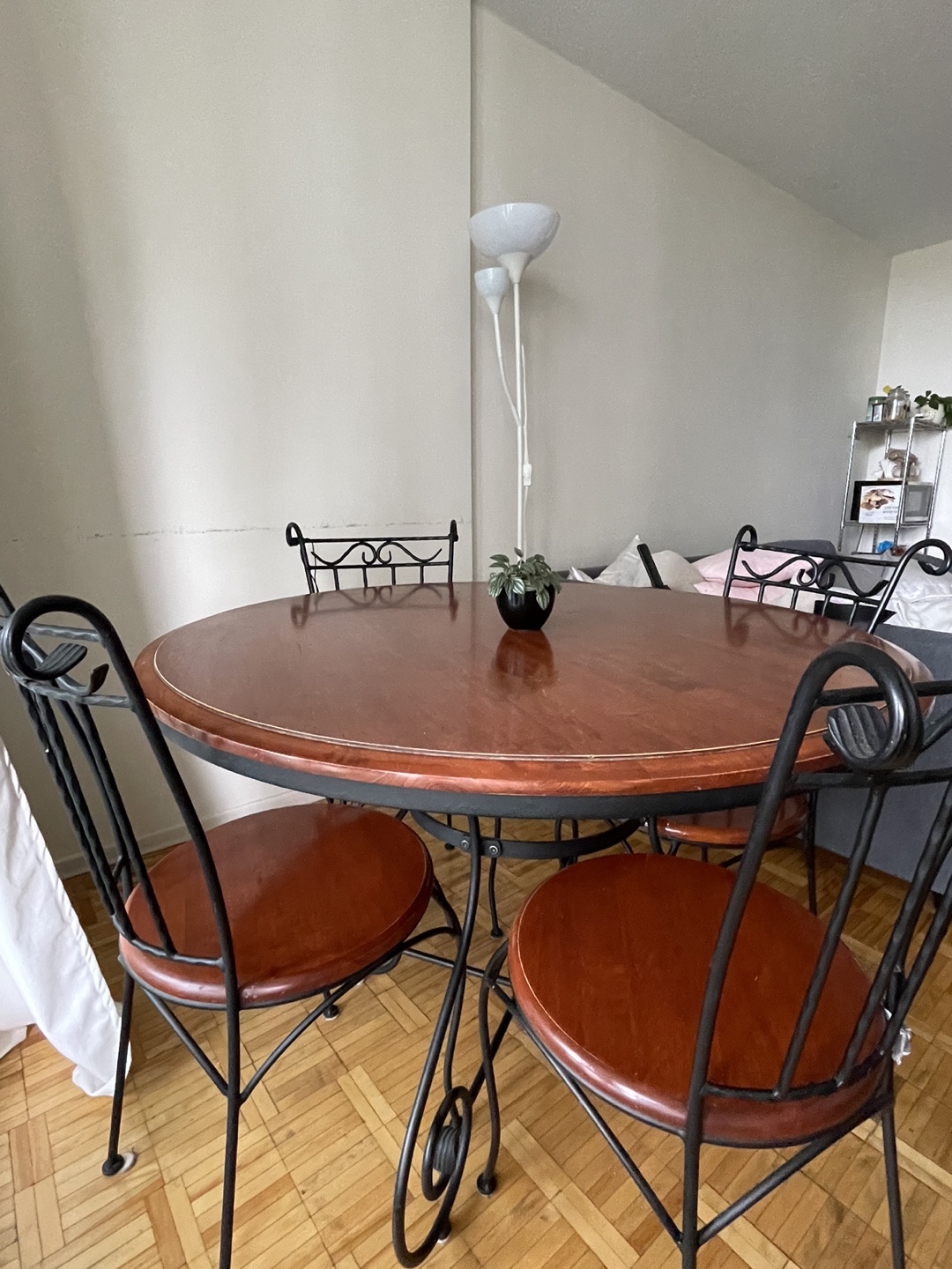 Dinner Table & Chairs for 4 - hardwood with wrought iron backing
