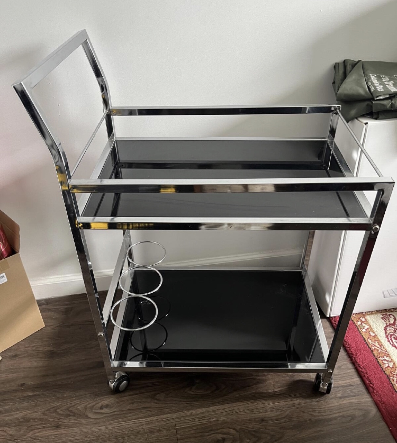 Chrome Bar Cart w/ Black Glass Shelves